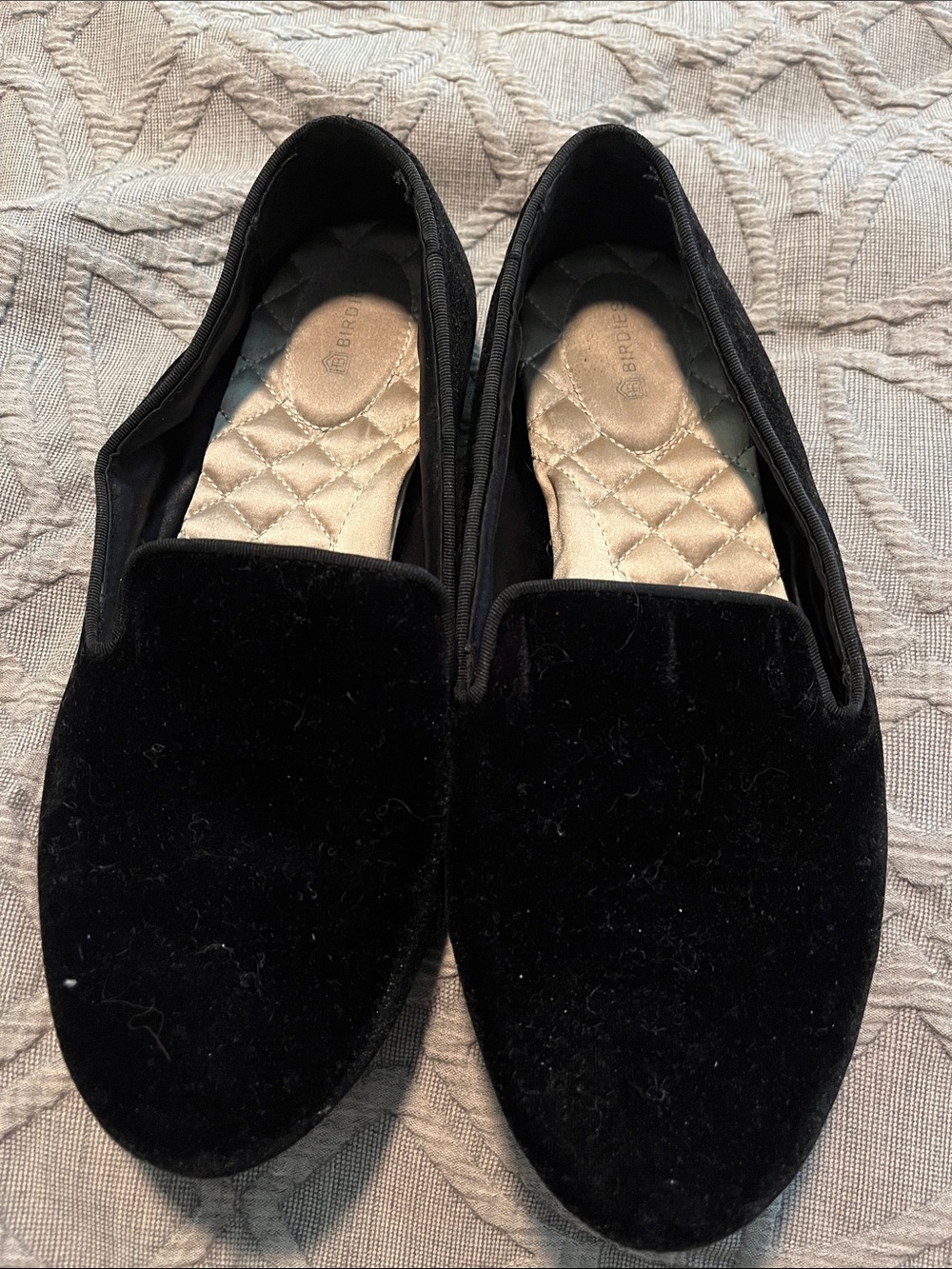 Birdies Black Velvet Quilted-Insole Slip-On Loafers, fits size 8